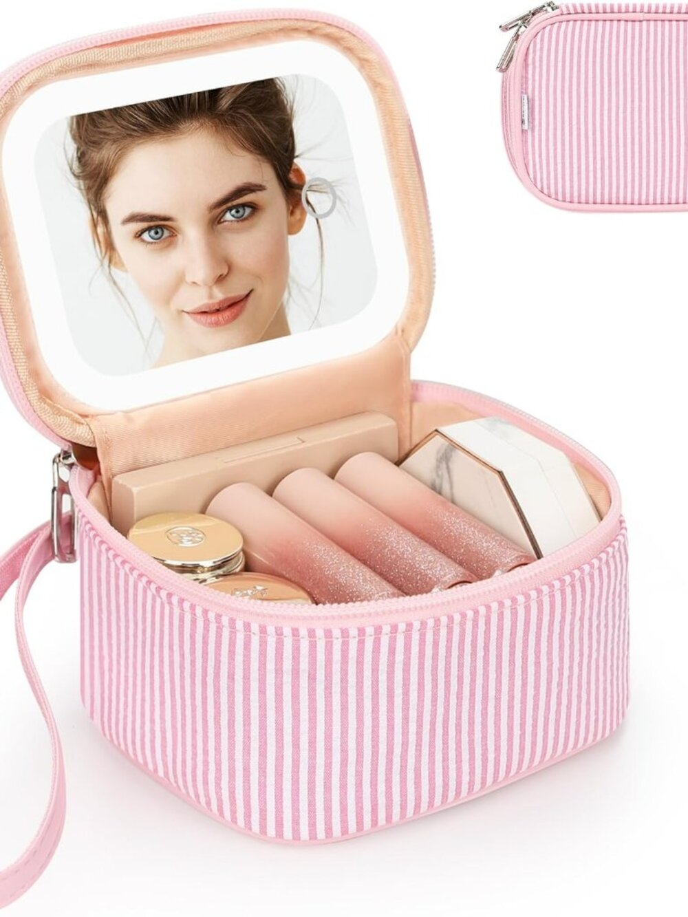 New Mini Makeup Bag w Led Mirror Small Travel Make up Bag 3 Light Modes Pink